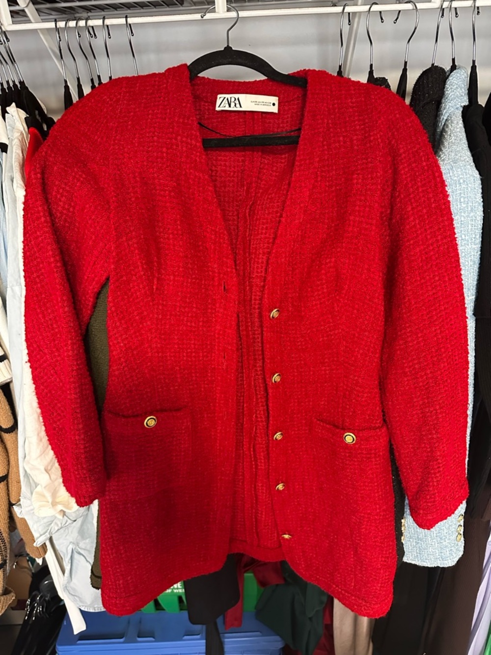 Zara Red Bouclé Button-Front Cardigan Jacket